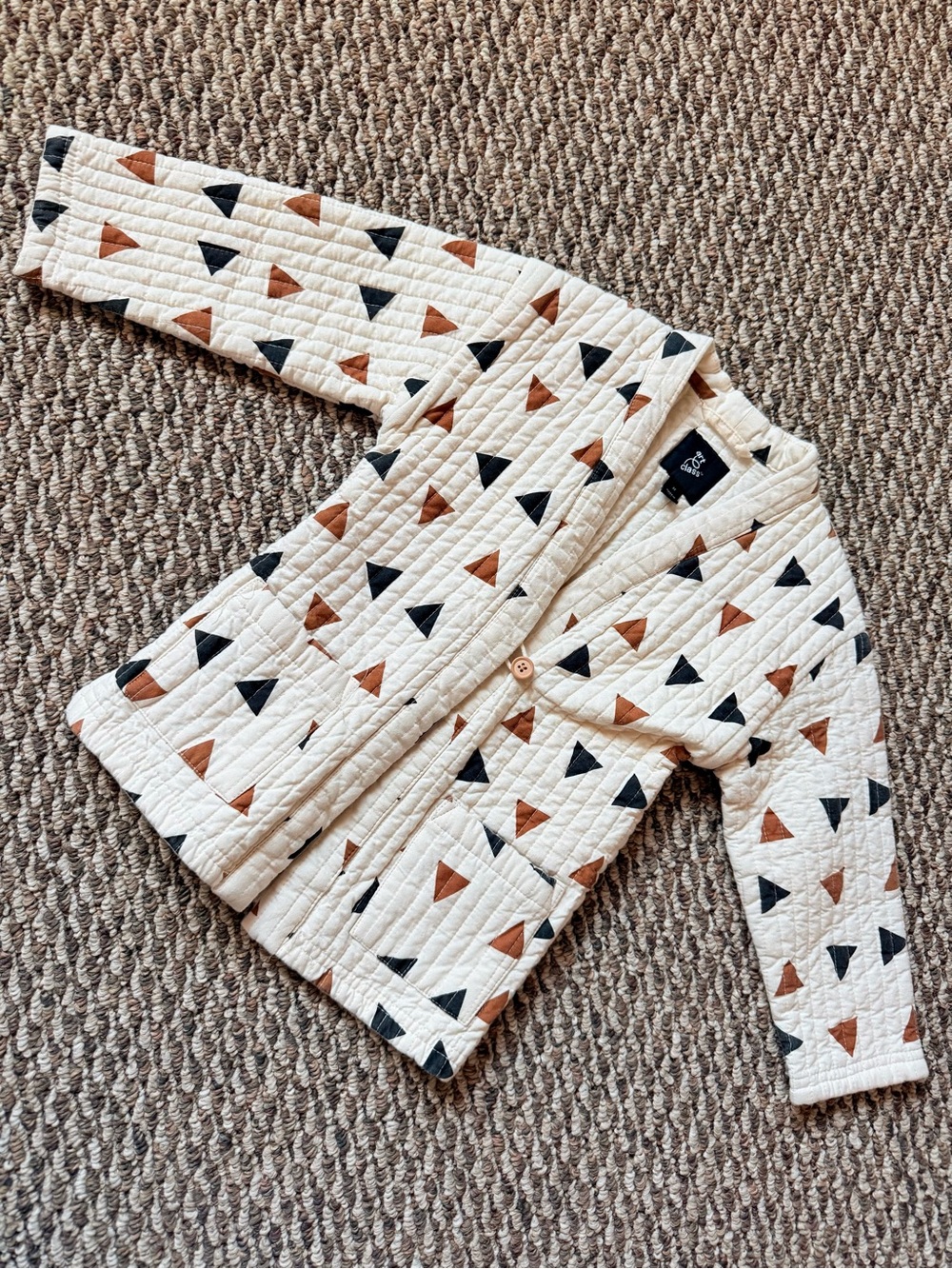 art class Cream Quilted Pajama Top with Brown and Black Triangle Print
